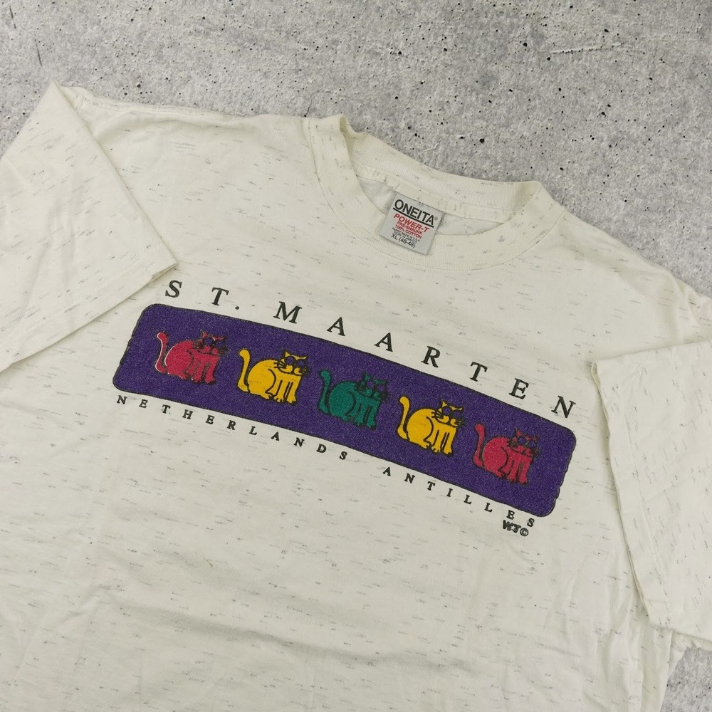 Vintage 90s Oneita St Maarten Cats Graphic T-Shirt Adult XL White Single Stitch